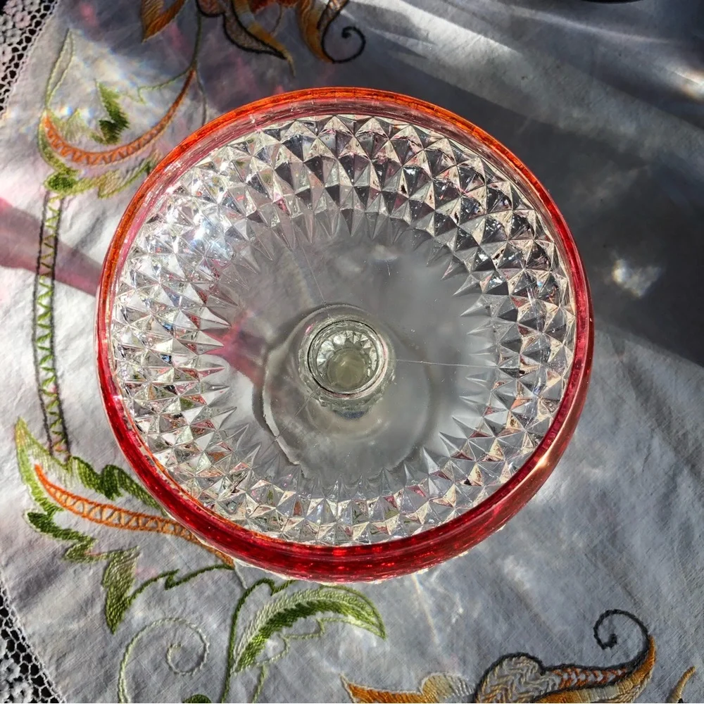 Vintage Indiana Glass Diamond Cut Pedestal Compote Dish. Ruby Flashing. 7.5